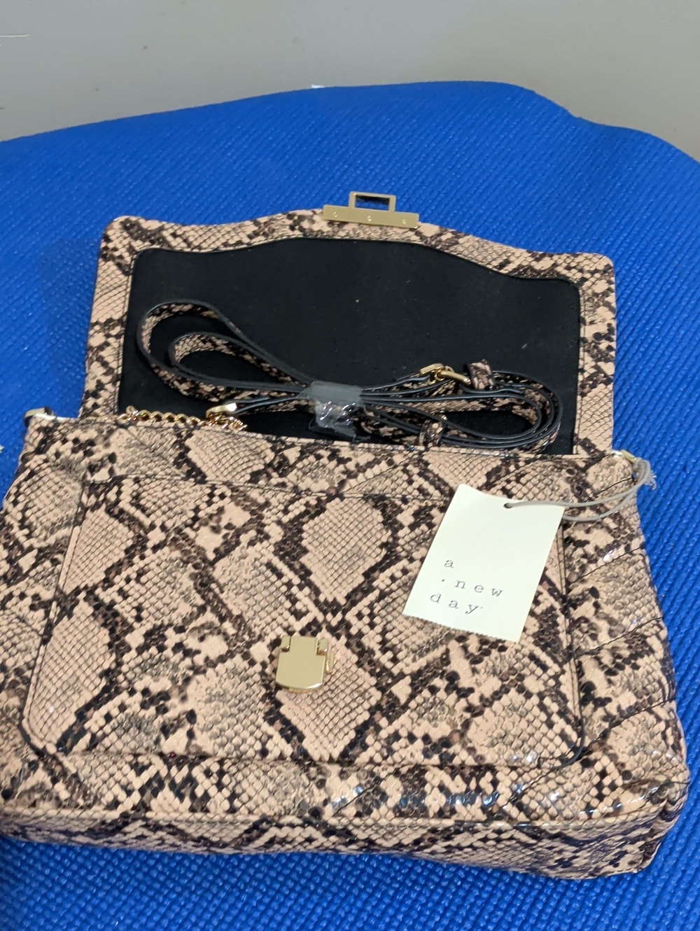 a new day Pink Beige Snake-Print Crossbody Bag with Gold Hardware